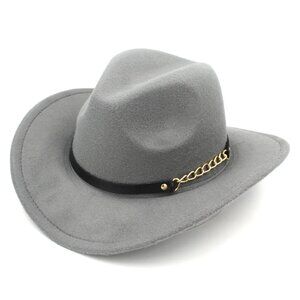 Gray Western Cowboy Hat Wide Brim Fedora Style with Chain Band for Men & Women